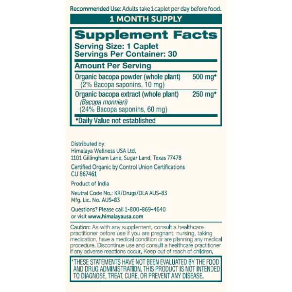 Himalaya Organic Bacopa 30 Caplets